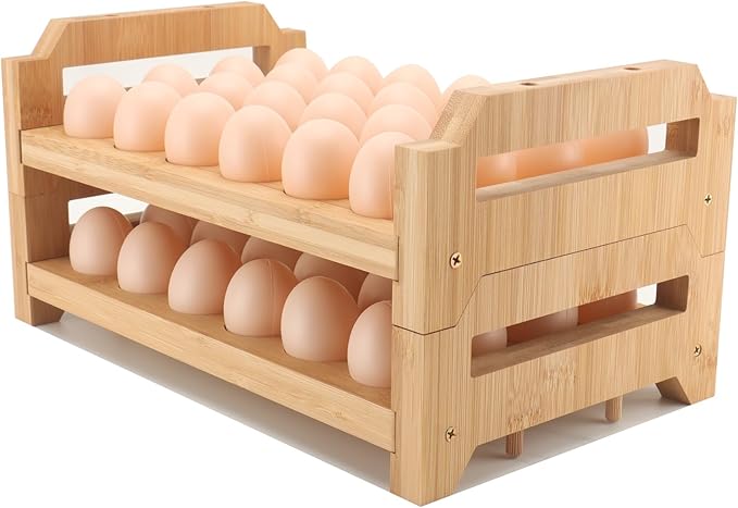 48 Egg Holder Countertop 2-Tier Stackable Bamboo Egg Tray with Anti-Slip Pads/Ventilation Design, Kitchen Counter Display Fresh Eggs Storage Organizer for Chicken/Duck/Turkey Eggs