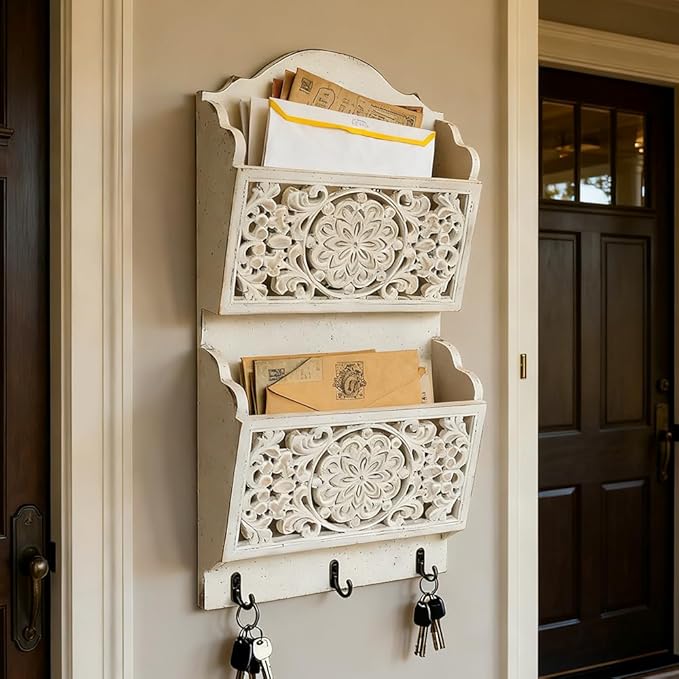 Rustic Key and Mail Holder for Wall Home Decorative,2-Slot Mail Organizer Wall Mount with 3 Hooks, Wooden Key Hangers Wall File Organizer Letter Sorter for Letter Magazines（White）