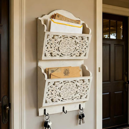 Rustic Key and Mail Holder for Wall Home Decorative,2-Slot Mail Organizer Wall Mount with 3 Hooks, Wooden Key Hangers Wall File Organizer Letter Sorter for Letter Magazines（White）