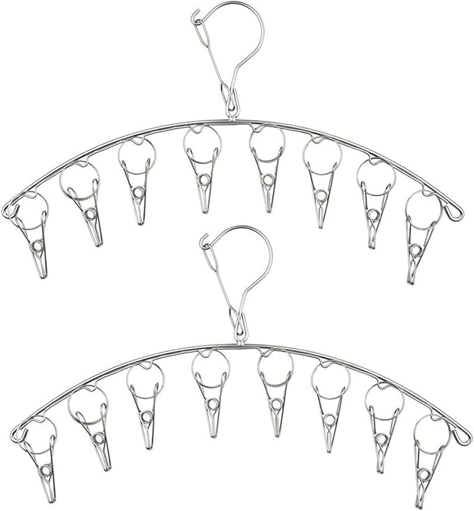 2Pcs Clothes Drying Hanger with 16 Clips, Stainless Steel Sock Air Drying Rack, Windproof Anti-Lost for All Small Laudry Item and Herbs