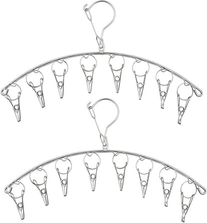2Pcs Clothes Drying Hanger with 16 Clips, Stainless Steel Sock Air Drying Rack, Windproof Anti-Lost for All Small Laudry Item and Herbs