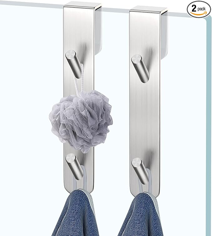 KITHOLD Shower Door Hook, Extended Length Frameless Shower Door Hook (7 Inches), Heavy-Duty Bathrobe Towel Stainless Steel Hook, No Drilling or Adhesive Required, 2-Pack, Silver