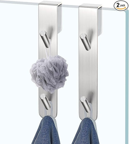 KITHOLD Shower Door Hook, Extended Length Frameless Shower Door Hook (7 Inches), Heavy-Duty Bathrobe Towel Stainless Steel Hook, No Drilling or Adhesive Required, 2-Pack, Silver