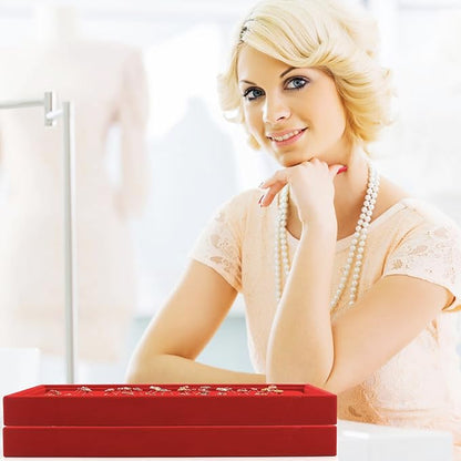 Lainrrew Jewelry Tray, 4 Pack Jewelry Organizer Velvet Jewelry Tray Stackable Jewelry Trays, Necklace & Earring Holder, Divided Bracelet & Ring Storage, 13.8"x9.5"x1.2" - Elegant Display Case (Red)