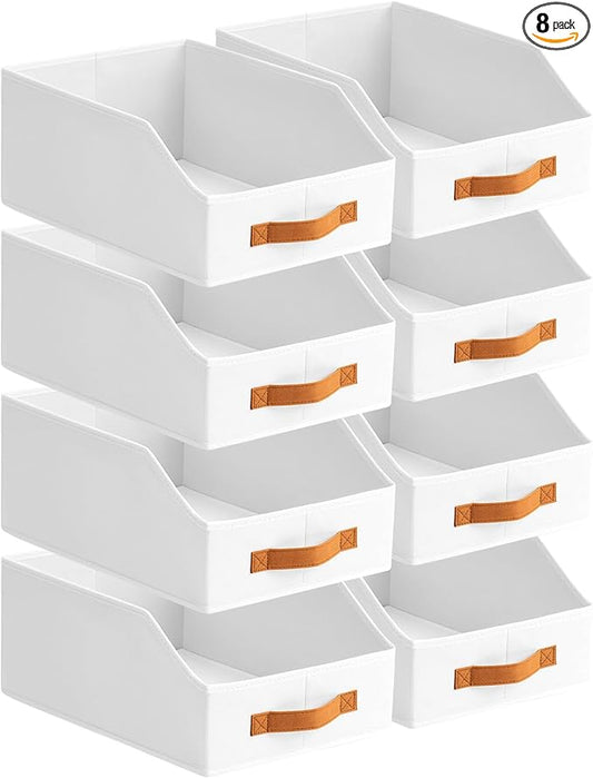 Fabric Storage Bins for Organizing - 8 Pack Large Trapezoid Collapsible Storage Bins with Front Handle, Closet Organizers and Storage for Bedroom, Home Shelves, Small Spaces, White