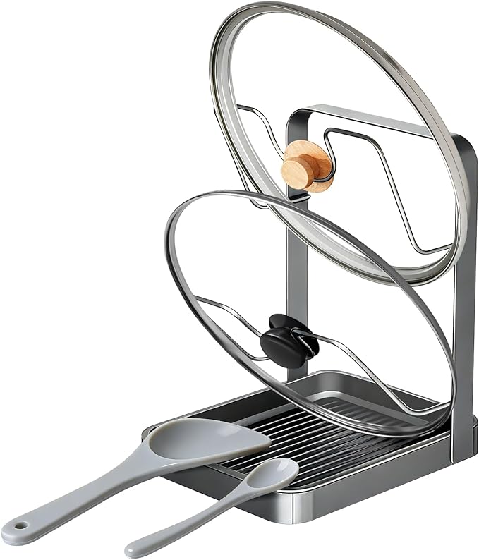 Fvellix 2 Tier Pot Lid Holder Rack for Kitchen Storage, Multifunctional Pan Lid Organizer for Countertop, Kitchen Spoon Rest with Lid Holder Rack for StoveTop（Silver