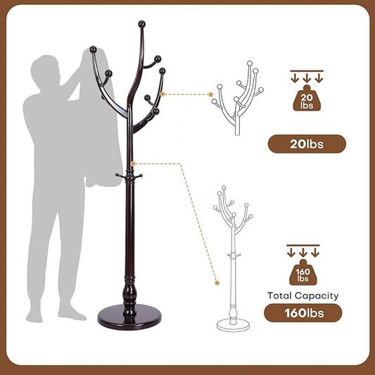 Freestanding Rubberwood Coat Rack, 11 Hooks & 16.5" Wide Round Base, Wooden Coat Rack Stand, Coat Hanger Free Standing Hall Tree for Entryway, Hallway, Bedroom, Jacket, Clothes (Wine Red)