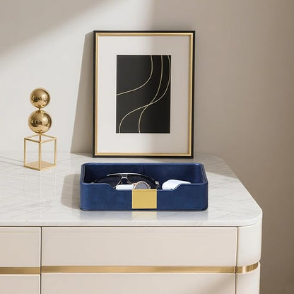 MEIBOOCH 10.2" x 6.7" Nightstand Organizer Tray with Gold Accent, Decorative Valet Trays Cologne Organizer for Men, Key Bowl Perfume Trinket Tray for Dresser Bedside Entryway Table (Navy Blue)