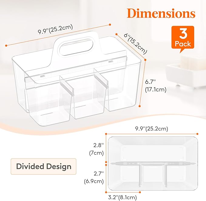 Lifewit 3 Pcs Plastic Caddy Organizer with Handle, Portable Art Supply Storage for Craft Supplies, Cosmetics, Holds Pencil, Crayon, Brushes, Hair Product, Dorm Shower Caddy, Clear, 25 x 15x 17cm