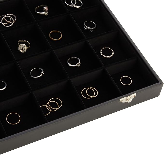 Juvale Black Velvet Jewelry Display Tray Organizer Case - Jewelry Display for Vendors w/Glass Cover - 24 Slot Tray with Removable Grids - Crystal & Rock Collection Box - Black 14 x 9.5 x2 in