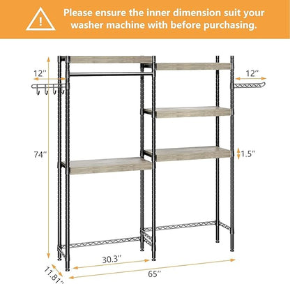 30 in 5-Tier Over-The-Washer Shelf – Adjustable Height Laundry Organizer with Double-Layer Wood Shelves (100 LB Capacity), Space-Saving Storage for Bathroom, Laundry Room, Balcony (Grey, Black)