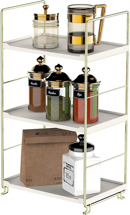 kaileyouxiangongsi 3-Tier Kitchen Spice Rack, Freestanding Stackable Organizer Shelf, Bathroom Countertop Storage Shelf, Cosmetic Organizer Holder, Square Standing Rack (Golden)