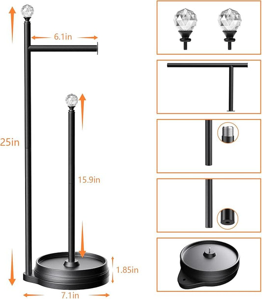 Toilet Paper Holder for Bathroom, Heavy Weighted Metal Free Standing Toilet Paper Holder Stand with Crystal Ball, Toilet Paper Roll Stand for Bathroom Accessories (Matte Black)
