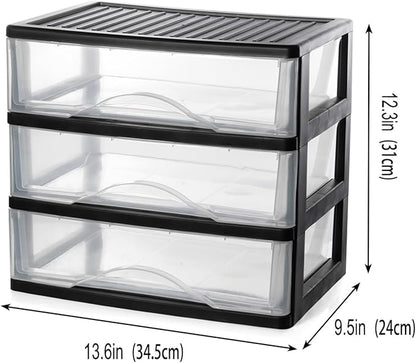 BYCY Medium 3 Drawer Plastic Clear Stacking Desktop Organizer for Office Supplies, Stackable Storage Drawers Storage Bins For Kitchen Cabinets, Pantry, Home Organization (Black, Medium 3Drawer)