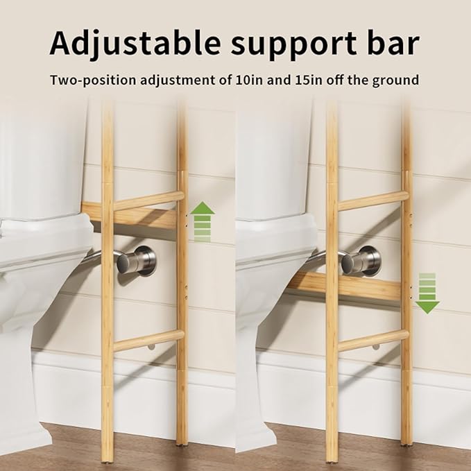 QSN SILK LU 2 Tier Over The Toilet Organizer Rack Bamboo, Freestanding Bathroom Toilet Storage Shelf, Space Saving and Easy to Install, Adjustable Feet, Adjustable Bottom Rod
