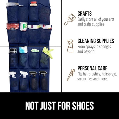 GORILLA GRIP Over the Door Shoe Organizer, 24 Large Breathable Mesh Pockets, Space Saving Hanging Storage Holder, Closet Rack Hanger Holds Up to 40 lbs, Hangs on Closets for Shoes, Accessories, Navy