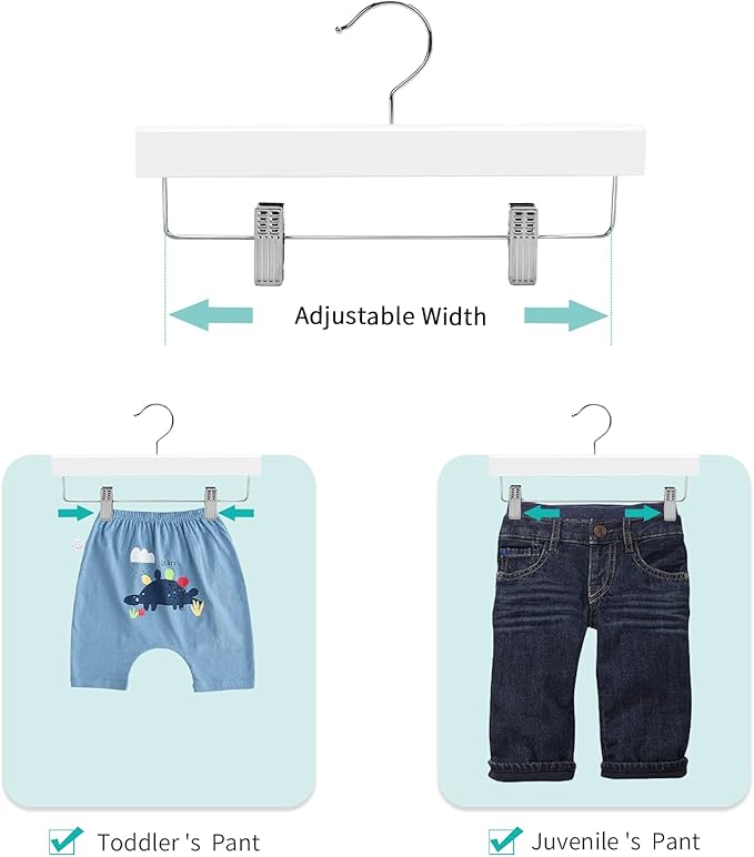 Nature Smile Kids Solid Wooden Pants Hangers,Baby Toddler Children Wood Skirts Hangers,Trousers Bottom 11.8 inches Hangers with 2-Adjustable Clips Anti-Rust Hook Pack of 20 (White)