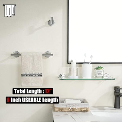 JQK Chrome Towel Bar, 12 Inch 304 Stainless Steel Thicken 0.8mm Towel Rack Bathroom, Towel Holder Polished Finished Wall Mount, Useable Length 9 Inch, TB110L9-CH