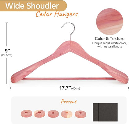 HOUSE DAY Wide Shoulder Cedar Hangers for Suits and Coats with Non Slip Pant Bar,360° Swivel Hook, Smooth Finish Cedar Wood Hangers for Closet, Closet Essentials, 5 Pack