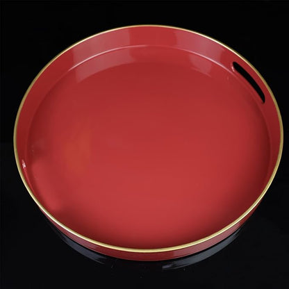 Red Round Decorative Tray with Handles, 13" Elegant Coffee Table Serving Tray for Ottoman Living Room, Bathroom, Outdoors, Breakfast