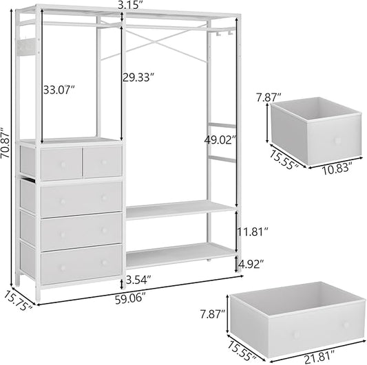 Auromie Clothes Rack with 5 Drawers & 4 Storage Shelves, 59.1W*70.9H Heavy Duty Clothing Rack with 2 Hanging Rods, Wardrobe Closet Organizer System with 5 Hooks, Freestanding Garment Rack (White)