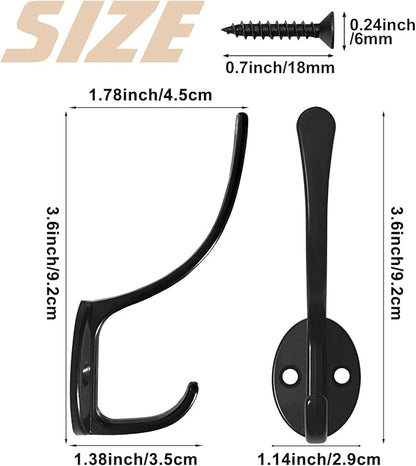 10 Pack Coat Hooks Wall Mounted with 20 Screws, Heavy Duty Black Towel Hooks Metal Double Hooks, No Rust Retro Rustic Wall Hooks for Hanging Towel, Coat, Scarf, Bag, Hat, Cup, Key