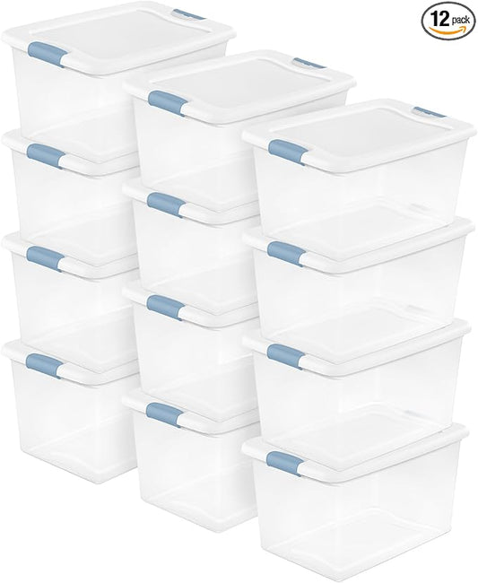 Sterilite 12 Pack Latching Box, 64 Qt Plastic Storage Container, Stackable Large Home or Office Tote Organizers with Secure Lids, White