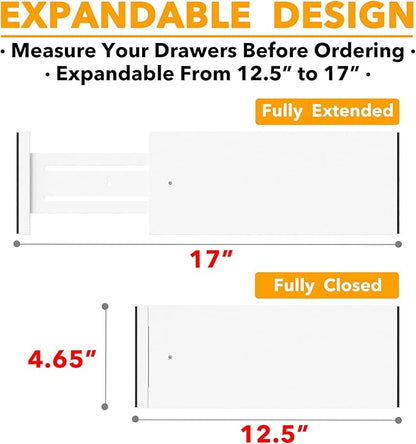 SpaceAid Bamboo 4 Pack Dresser Drawer Dividers, 4.65“ High Adjustable 12.5“-17” Drawer Organizers, Expandable Organization for Clothing, Clothes, Dressers, White