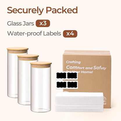 ComSaf 1.7 Qt Glass Storage Containers with Lids, Glass Jars with Lids, Clear Food Storage Jar, Round Canister Set of 3, Pantry Organizers for Pasta Flour Cookie Rice Tea Coffee Bean