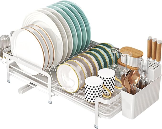 SOVGIZF Large Dish Drying Rack with Drainboard,Expandable Dish Rack for Kitchen Counter, Utensil Holder & Cup Hooks,Rustproof Stainless Steel Drying Dish Rack 23.6’’L x 12.6’’W,White
