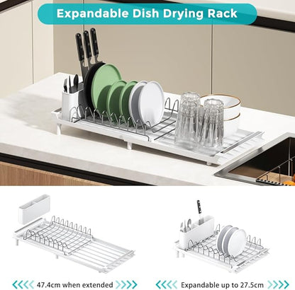 YOJIA Stainless Steel Dish Drying Rack, Extendable Dish Drainer Rack, Drainboard, Detachable Cup Shelf, Rustproof Multifunctional Organizer for Kitchen Counter, Cup Holders, Utensil Holder (10-White)