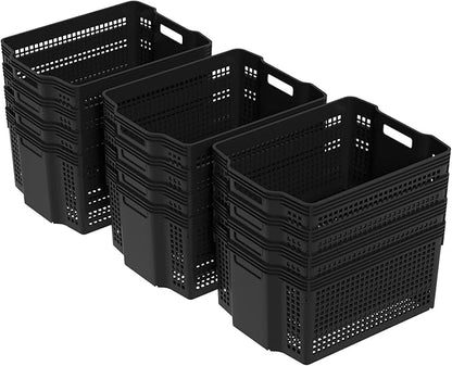 12 Pack Large Plastic Storage Baskets Bins, Multi-Purpose Organizer Weave Basket for Shelves, Closets, Offices (Black)