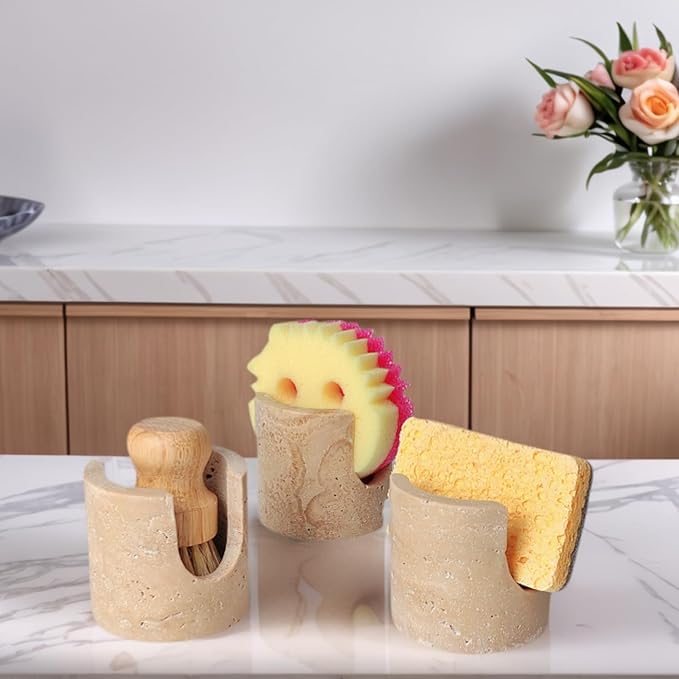 BekPooQ Luxury Travertine Sponge Holder – Fast-Drying, Rust-Proof Kitchen Sink Caddy, Non-Slip Base, Compact Stone Sponge Caddy for Kitchen Sink Counter, for Modern & Farmhouse Homes, Beige