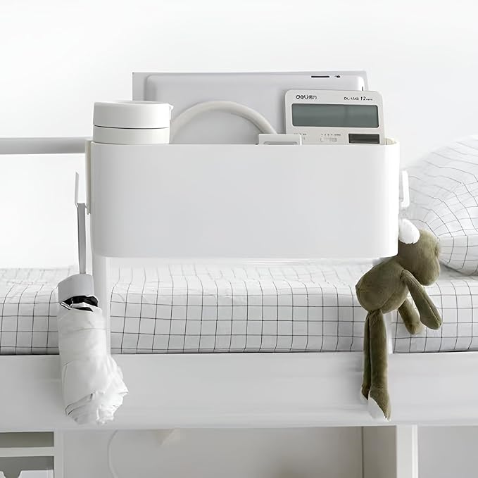 MEVOPHEE Bedside Organzier Caddy Hanging, Plastic Bunk Bed Shelf with Hooks, Large Storage Holder for Dorm Room Bed, Hospital Bed, Baby Bed Rails, 11 Lbs / 5 Kg Capacity (White)