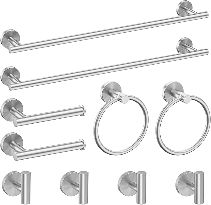 Newfun 10-Pieces 24 Inch Brushed Nickel Bathroom Hardware Set, Includes 24 Inch Towel Racks for Bathroom Wall Mounted, Toilet Paper Holder, Towel Hooks for Bathrooms, Towel Rings for Bathroom Wall