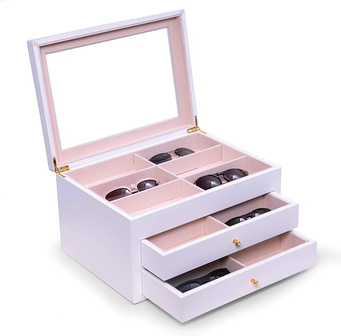 Bey-Berk Luxury Designer 18 Eyeglass and Sunglass Storage Box in Real Wood, Extra Large Slots, Soft Velour Lining, Dresser Organizer