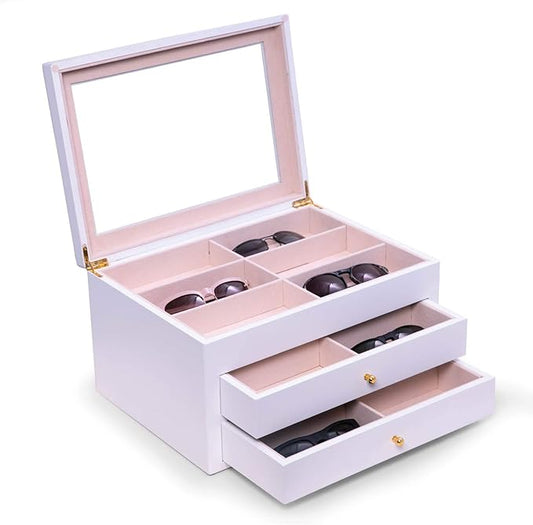 Bey-Berk Luxury Designer 18 Eyeglass and Sunglass Storage Box in Real Wood, Extra Large Slots, Soft Velour Lining, Dresser Organizer