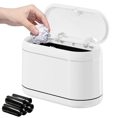 Mini Trash Can for Desk with 5 Rolls of Trash Bags, Small Press-Top Countertop Garbage Bin, Removable Waste Basket for Bedroom, Vanity, Coffee Table, Kitchen (White Full-Lid)