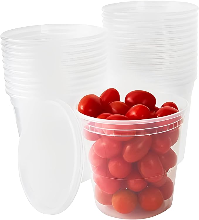 Deli-Grade BPA-Free 24oz Plastic Containers with Lids 24ct. Leakproof Microwavable Portion Container for To-Go Orders, Food Prep and Storage. Reusable Takeout Cup for Restaurant Cafe and Catering.