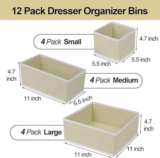 Drawer Organizer Clothes, Foldable Fabric Dresser Organizer Closet Organizers and Storage Box for Underwear,Folded Clothes,Baby Clothing,Socks,Bra,Towels,Ties(12 Pack,Yellow)