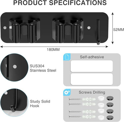 Wall Mount Mop and Broom Holder, Heavy Duty Stainless Steel Organizer Rack with Hooks | 2-Pack, 2-in-1 No Drill & Screw Installation, Black