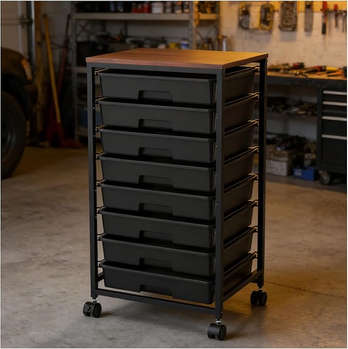 Rolling Storage Cart with Drawers,Utility Cart With 8 Drawers and Wooden Tabletop,Rolling Drawer Cart,Storage Drawer Cart for Living Room,Classroom,Bedroom,Bathroom,Dorm,Office, Black