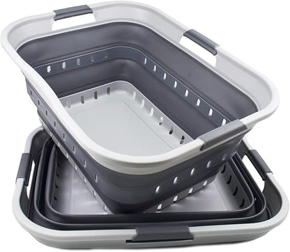 SAMMART 42L (11 gallon) Collapsible Plastic Laundry Basket - Foldable Pop Up Storage Container/Organizer - Portable Basket - Space Saving Hamper (Grey/Dark Grey (Set of 2))