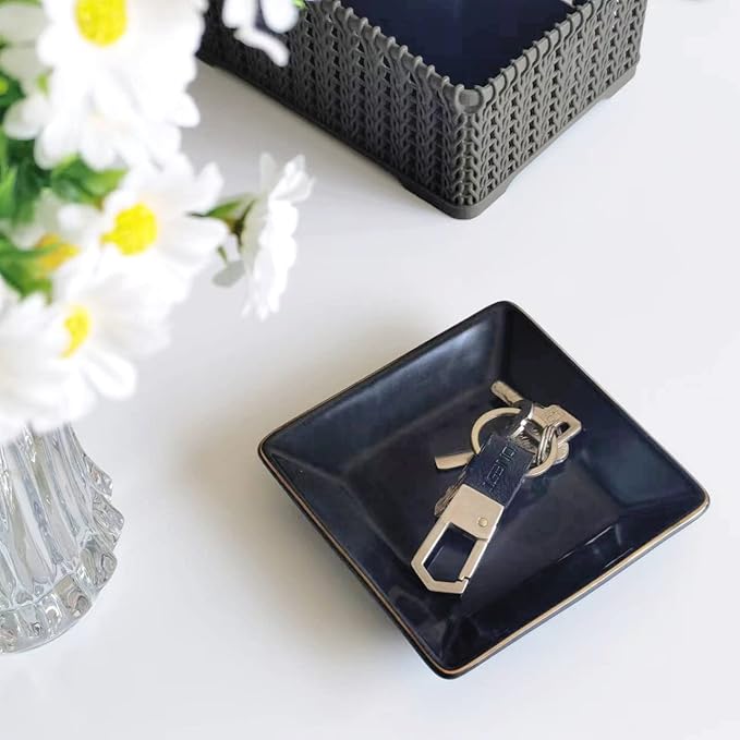 HANKOR Ceramic Jewelry Dish Tray, Decorative Trinket Tray Holder for Ring Earring Key, Gift for Women Girls, 4.7inch, Black