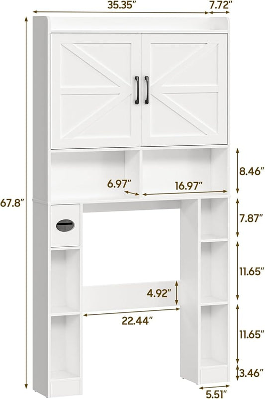 Over The Toilet Storage Cabinet, Farmhouse Toilet Cabinet Rack with Barn Doors, Space Saving Bathroom Organizer with Shelves, Toilet Paper Holder and Towel Rack for Bathroom,Restroom,Laundry（White）