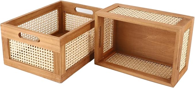 Desktop Storage Basket, Office Drawer Storage Box, Wood Frame Storage Basket with Built-In Handles for Kitchen Pantry, Cabinet, Office, Bedroom, Rustic Country Decor (Brown-Set2)