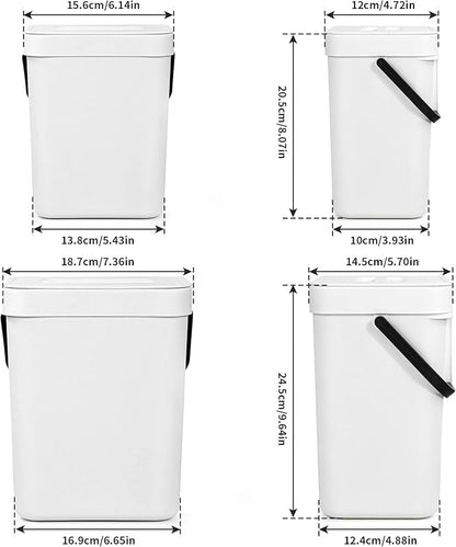 Domiella 2 Pack Hanging Small Trash Can with Lid (1.3 + 0.8 Gal), Kitchen Compost Bin for Countertop or Under Sink, Mountable Food Waste Bin for Cabinet, Bathroom, or RV Use (White)