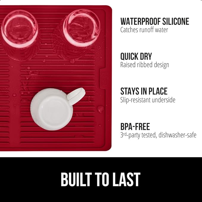 GORILLA GRIP 100% BPA-Free Patented Silicone Dish Drying Mat for Kitchen Counter, 18x16 Inch, Water Catching Ribbed Design, Easy Clean Waterproof Sink Liner, Heat Resistant, Fits Under Rack, Red