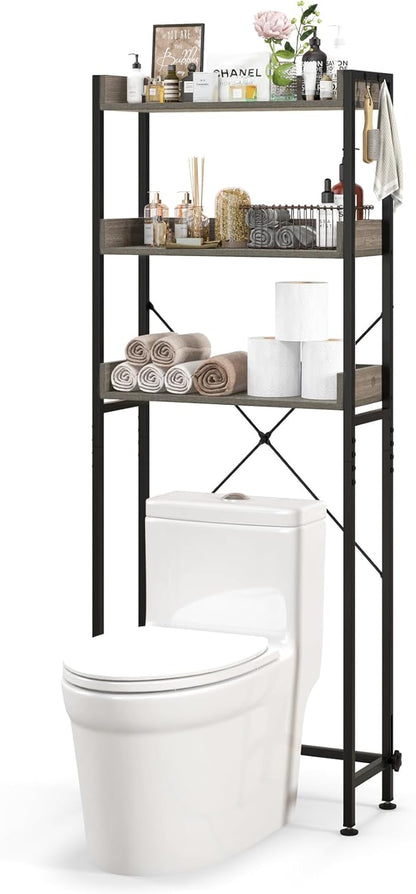 LOKO 3-Tier Over The Toilet Storage Rack, Bathroom Space Saver Shelf, Freestanding Above Toilet Organizer with 4 Hooks, Anti-Tipping Device, Metal Frame Toilet Rack for Balcony Laundry (Grey+Black)