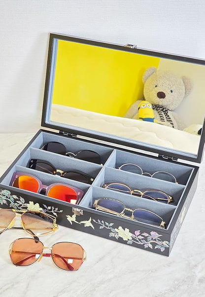 Antique Alive Mother of Pearl Wood Sunglasses Box Eyeglasses Valet Display Storage Case for Glasses Jewelry Trinkets Accessory Organizer (Peacock Black)